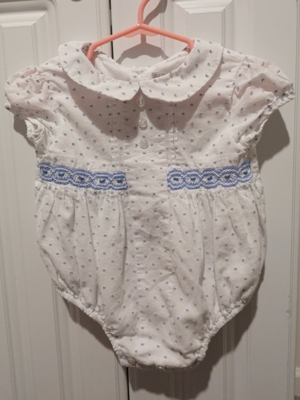 Phlona Girls Blue & White Swiss Dot Bubble Romper: 12M